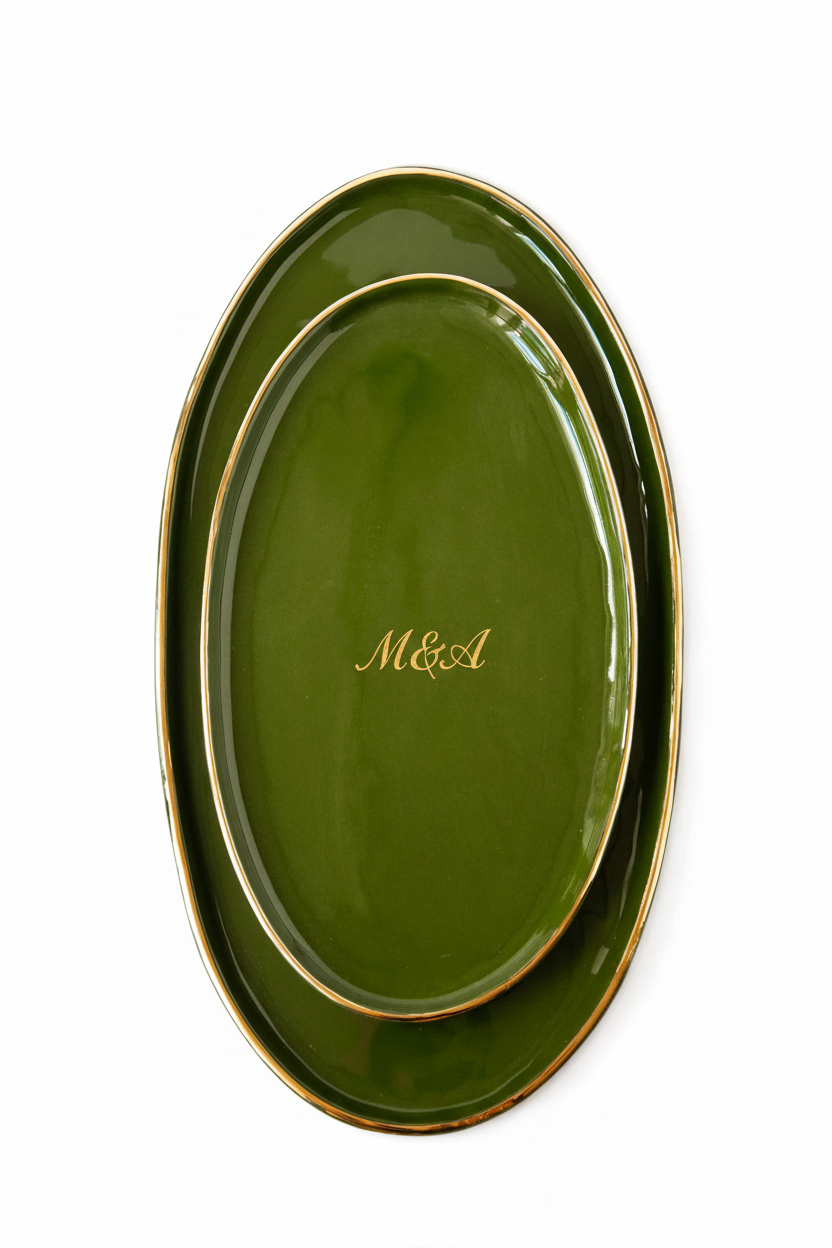 Personalized Wedding Platter: Green Ceramic Serving Tray with Gold Rim