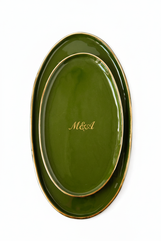 Personalized Wedding Platter: Green Ceramic Serving Tray with Gold Rim
