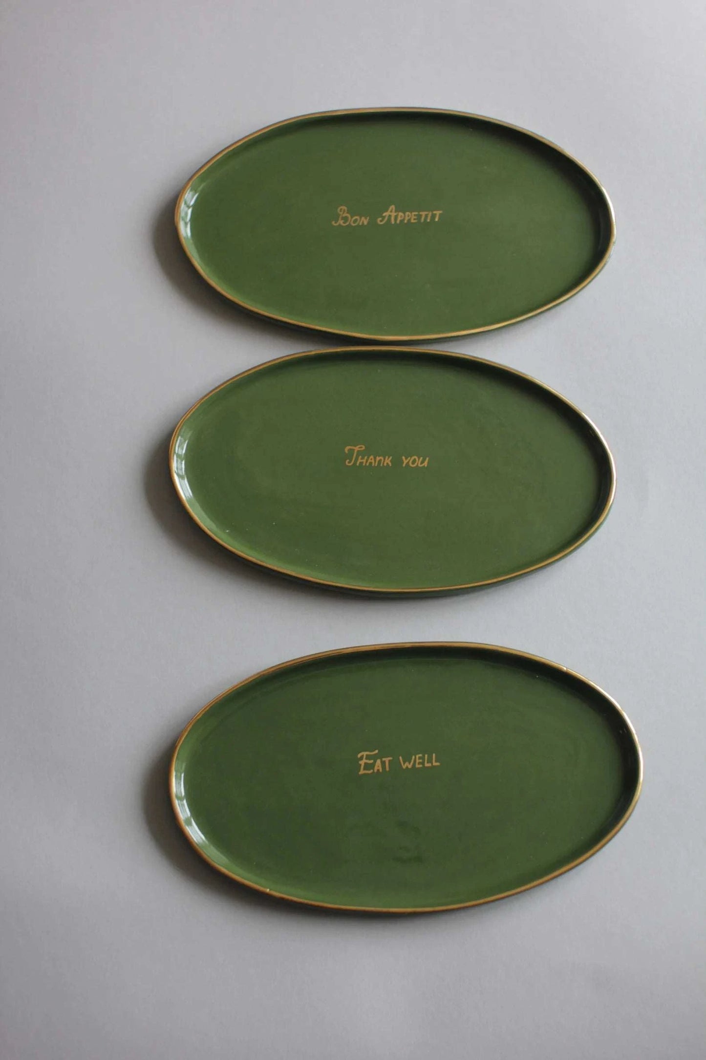 Personalized Wedding Platter: Green Ceramic Serving Tray with Gold Rim